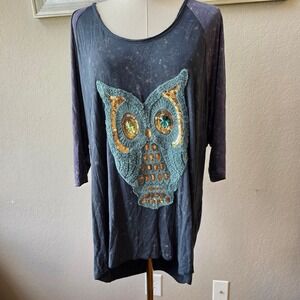 POL Women's Goth Sequin Embellished Owl Embroidered‎ Pullover Top Size L Multi